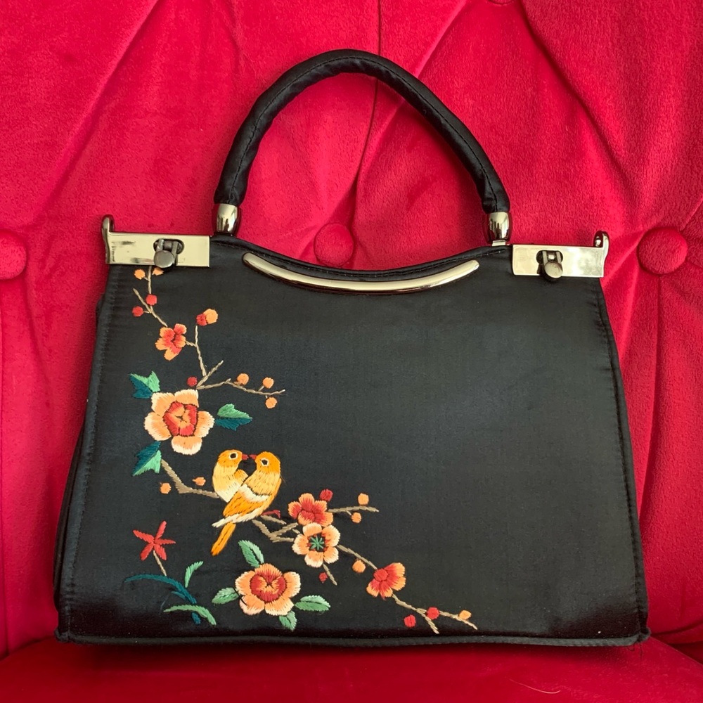 Put a Bird On It - Embroidered Black Asian Floral & Love Birds Handbag